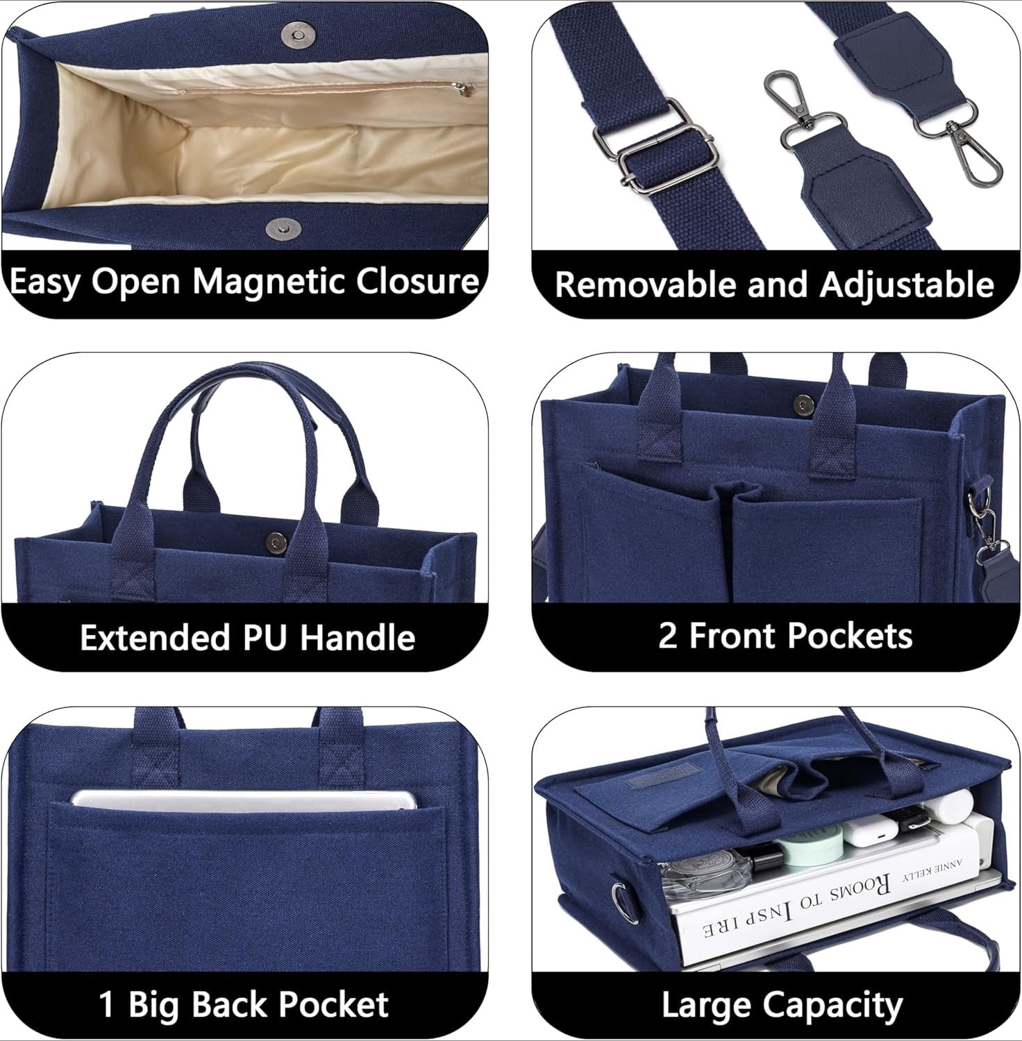 Tote Bag for Women With Compartments,Large Canvas Totes Women's Purse Crossbody Bags Work Laptop Book Bag Shoulder Handbags Blue