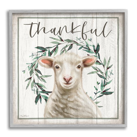 Stupell Industries Thankful Phrase Sheep Holiday Painting Gray Framed Art Print Wall Art, 12 x 12
