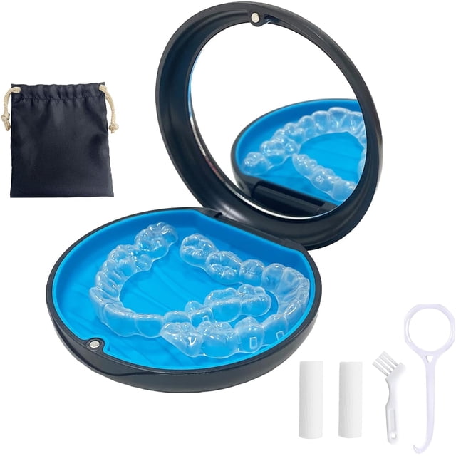 Retainer Case,Aligner Case with Mirror,Round Retainer Holder with Aligner Remover Tool, Chew & Brush,Rope Bag Sets (Black Shell Blue Silicone)