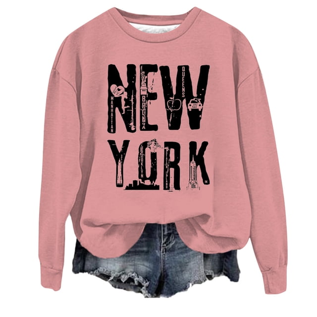 VBARHMQRT Chandails à Capuche Mignons pour Femmes Chandail Décontracté Col Rond New York City Imprimé Lettres Anglaises