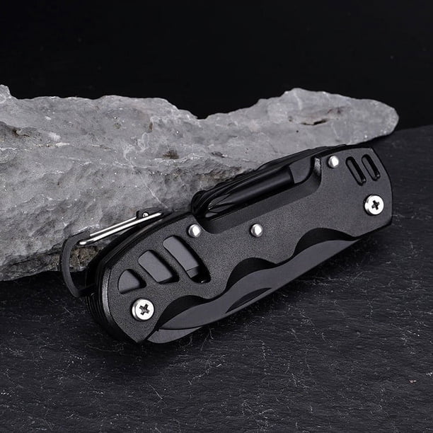 Navaja de bolsillo multiherramienta de acero inoxidable 12 en 1 con funda, cuchillo multifuncional de reparación para exteriores, color negro