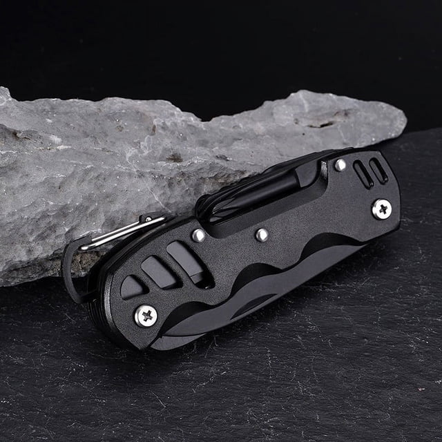 Navaja de bolsillo multiherramienta de acero inoxidable 12 en 1 con funda, cuchillo multifuncional de reparación para exteriores, color negro
