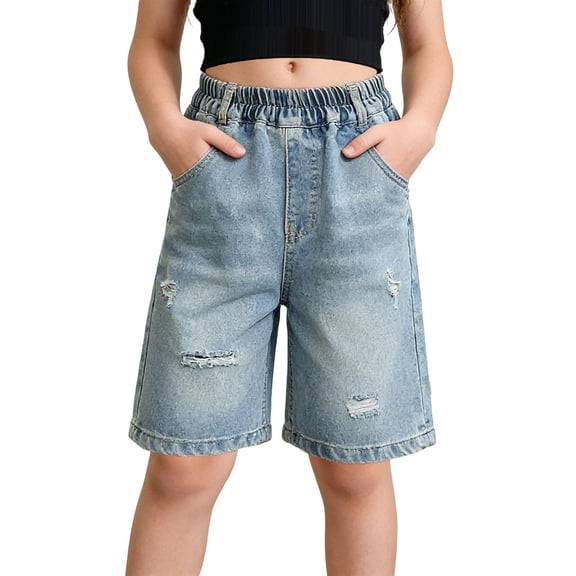QIUOMBBP Knee Length Short Jeans for Girl Fashion Distressed Wide Leg Bermuda Shorts Plus Size Summer Elastic Waist Denim Shorts Blue 10 Years