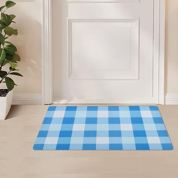 ALAZA Blue Geometric Checkered Grid Pattern Door Mat Outdoor Indoor Entrance Low Profile Floor Rugs 32"x20"