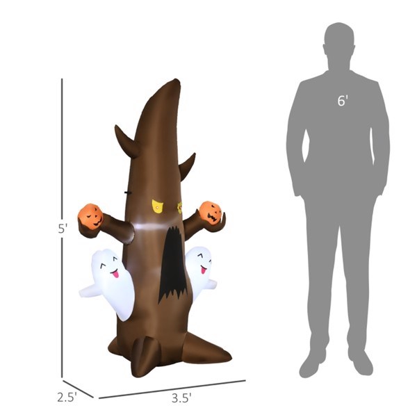 59IN Halloween Inflatable Cute Ghost Tree with LED Lights Waterproof Polyester Blow Up Yard Decoration with Storage Bag