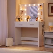 Furmax Makeup Vanity Desk with 3 Modes Adjustable Lights and Mirror Vanity Table with Shelves and Drawers, White