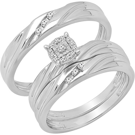 Divine Creation Unisex 14K White Gold Plated 1.30 Ct Round Cut White Diamond Wedding Engagement Trio Ring Set 925 Sterling Silver For Men's & Women's -7