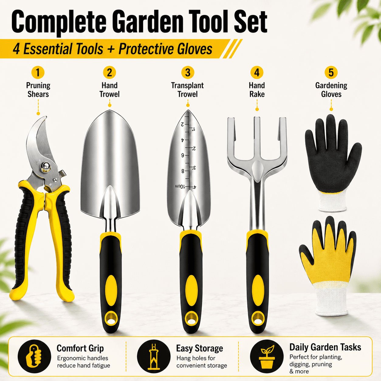 Heavy Duty Garden Tools Set, 5 Piece Rust Resistant Aluminum and Steel Gardening Hand Tool Kit with Ergonomic Non Slip Handles, Pruning Shears, Trowel, Transplanter, Cultivator and Gloves
