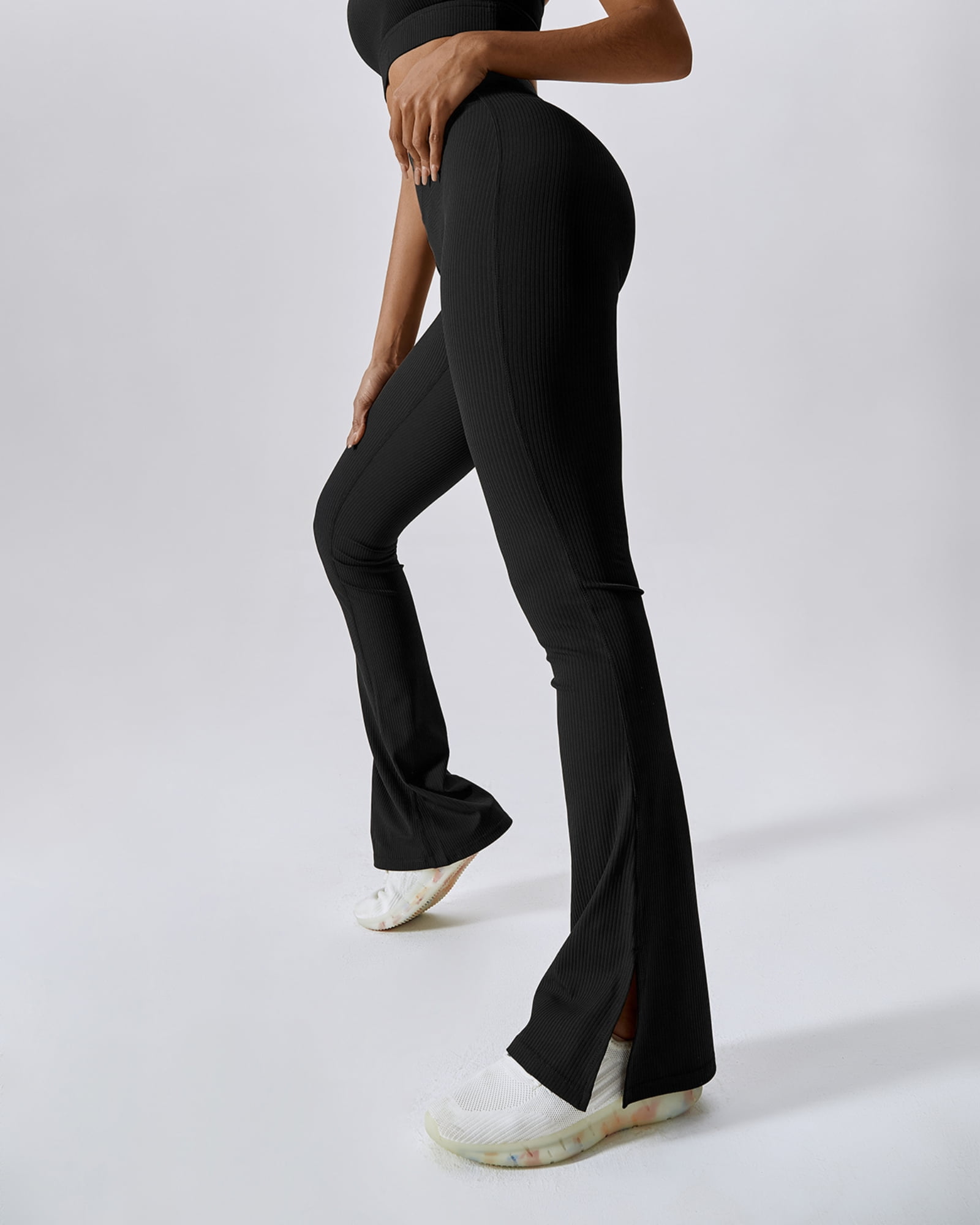FITOP High Waist Bootcut Yoga Pants with Slit Hem, Women's Ribbed Flared Workout Leggings