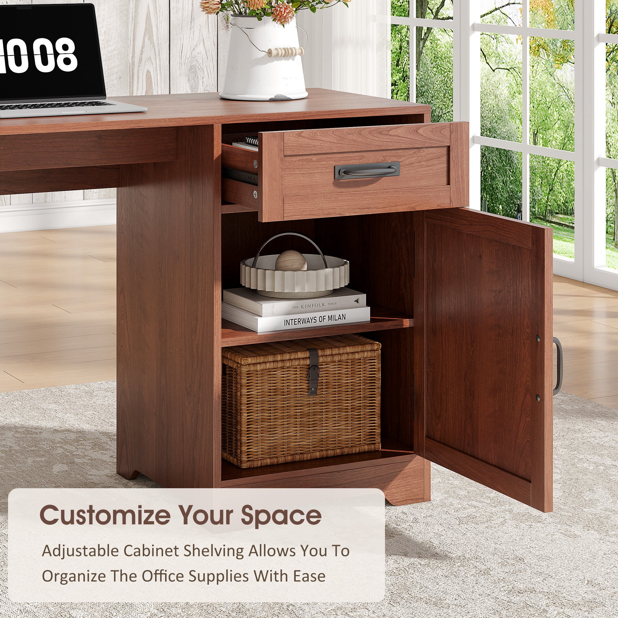 63'' Farmhouse L Shaped Desk with Drawers, Corner Computer Desk with Monitor Stand for Home Office, Cherry Brown