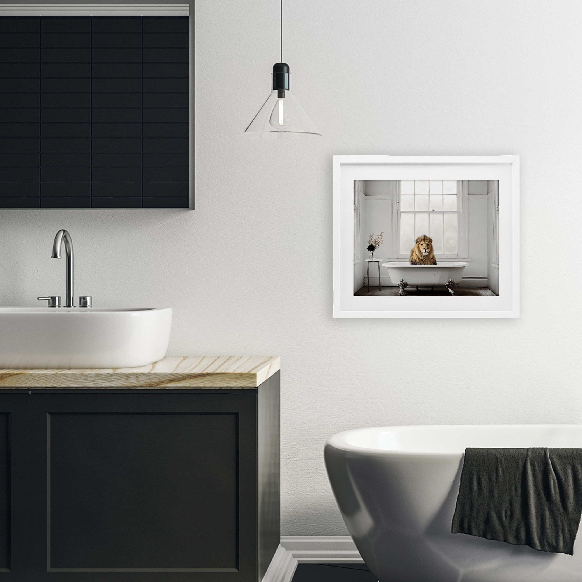 Minimalist Lion Bathtime White Framed Print Under Glass, design by Sasha
