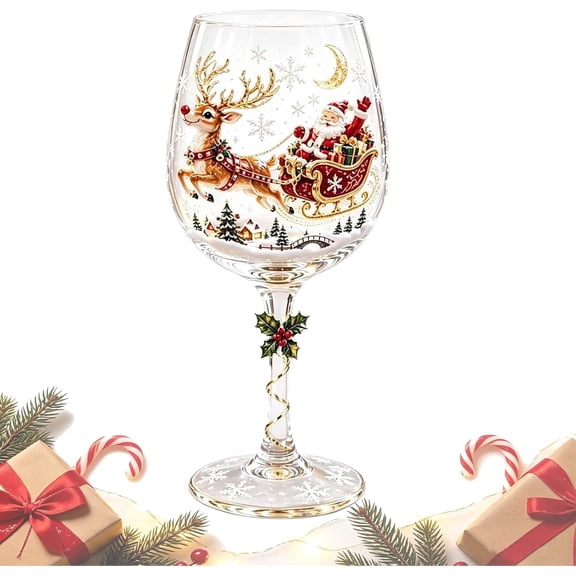 Christmas 3D Wine Glass Collection Gift Box Set, 3D Christmas Wine Glasses, for Wi制e, Cocktails, Holiday Party & Table Decor
