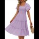 thumbnail image 1 of Vestido Midi Informal de Verano para Mujer, con Mangas Abullonadas, Cuello Cuadrado y Fruncido Púrpura S, 1 of 9