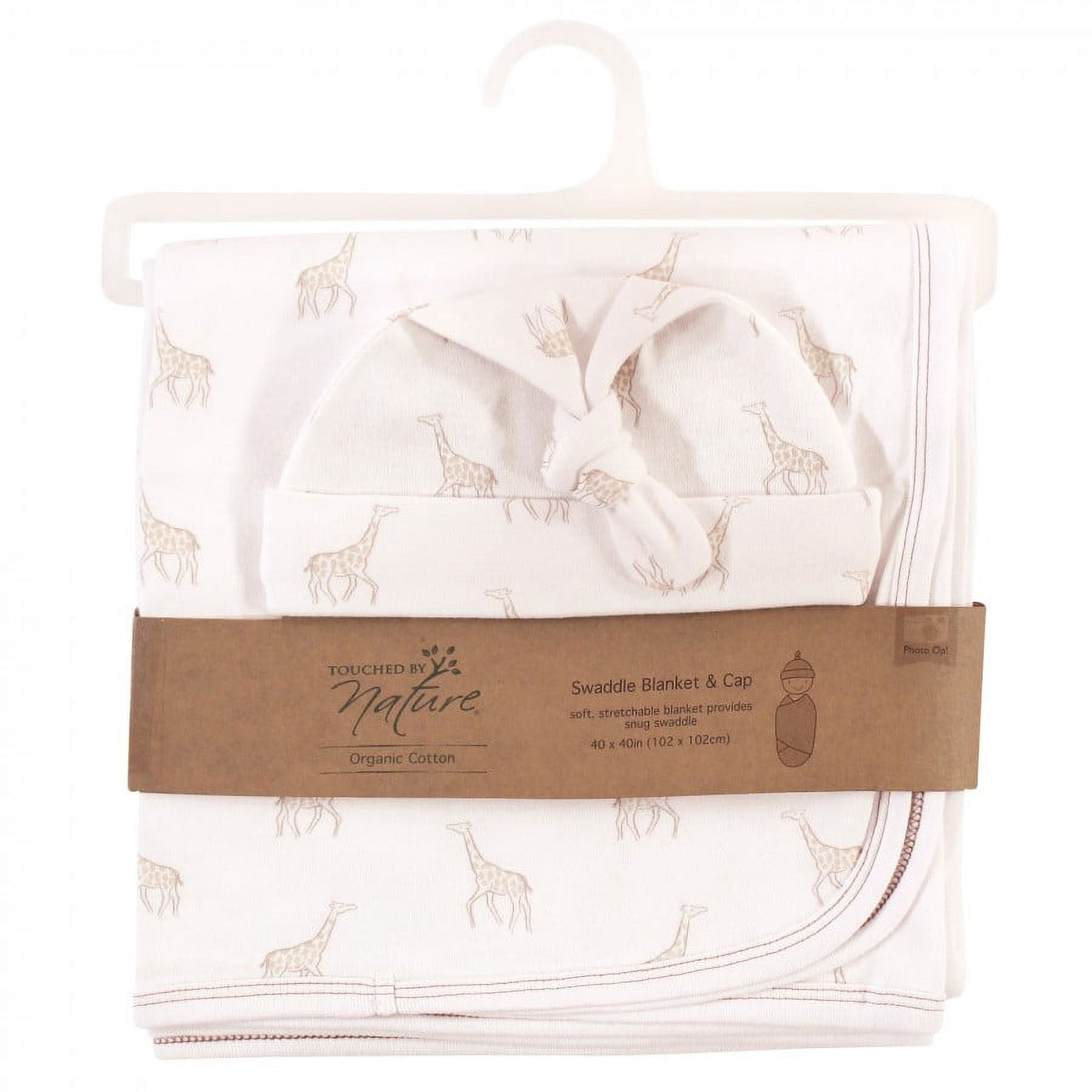 Touched by Nature Baby Organic Cotton Swaddle Blanket and Headband or Cap, Little Giraffe, One Size