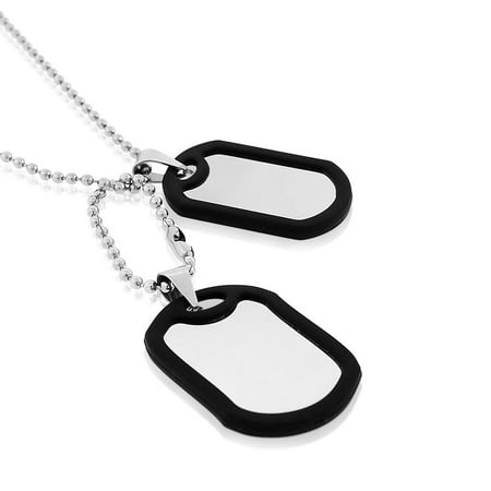 EDFORCE Stainless Steel Black Rubber Silicone Silver-Tone Double Two Dog Tag Necklace Set