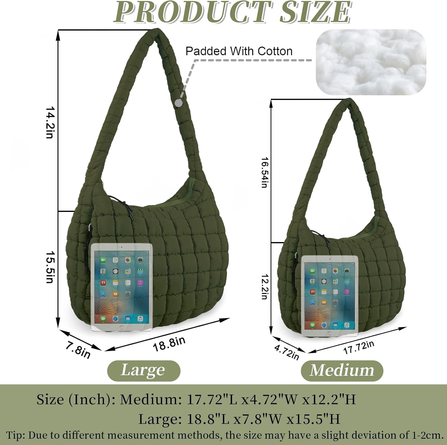 Lohol Quilted Puffer Tote Bag for Women - Large Crossbody Bag, Lightweight Nylon Puffy Carryall Hobo Puff Shoulder Bag-Dark Green
