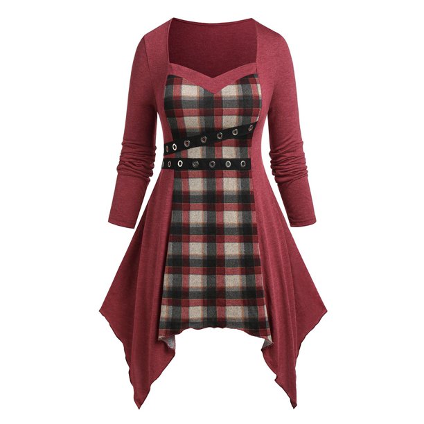Camiseta de Pañuelo a Cuadros de Talla Grande Rosegal Mangas largas de talla grande