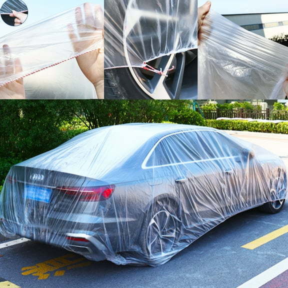 Artrylin 2 Pack Disposable Car Cover 12.4 FT x 21.6 FT Clear Plastic Car Cover Universal Rain Dust Garage Cover with Elastic Band Medium