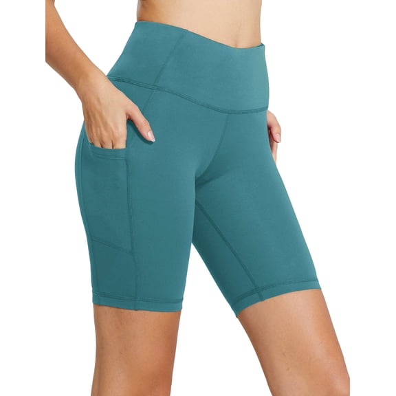 BALEAF Biker Shorts Women Yoga Gym Workout Spandex Athletic Running Volleyball Tummy Control Compression with Pockets 8" Green XL