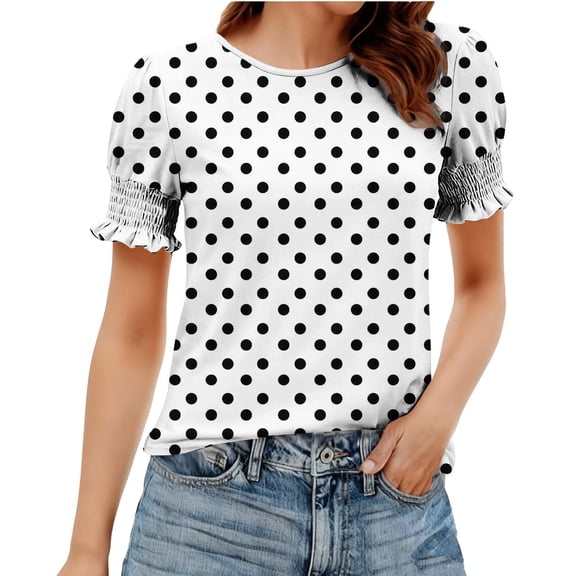 Jalioing Women's Summer Tops Puff Short Sleeve Crew Neck Fashion Print T Shirt Dressy Casual Trendy Blouses for Women