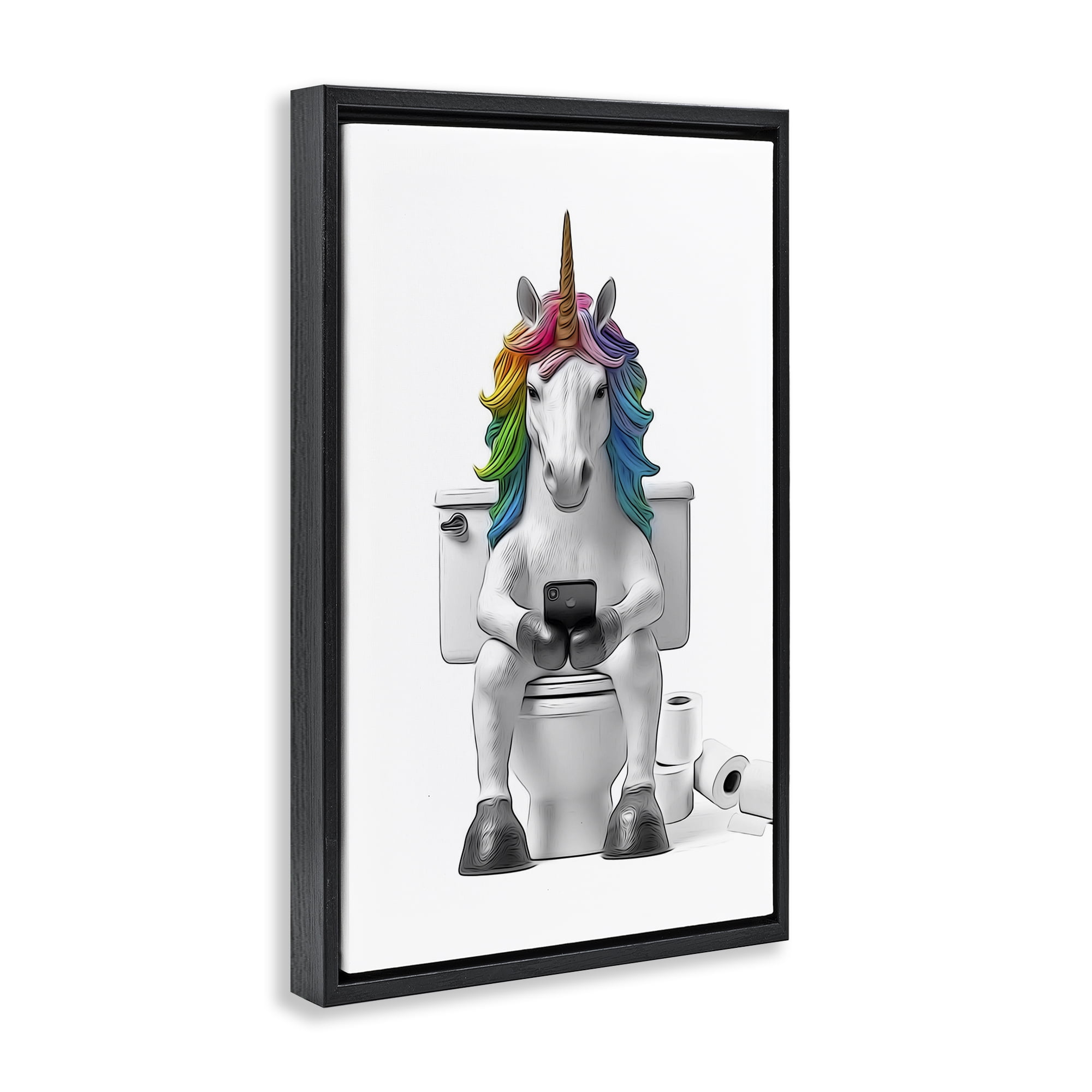 Stupell Industries Unicorn Texting on Toilet Typography Painting Black Floater Framed Canvas Art Print Wall Art, 21 x 31