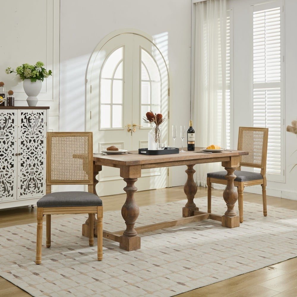 French Dining Chairs Set of 2, Louis Style Chairs with Square Rattan Backrest, Carved Solid Wood Frame, Linen Upholstered Seat, Gray