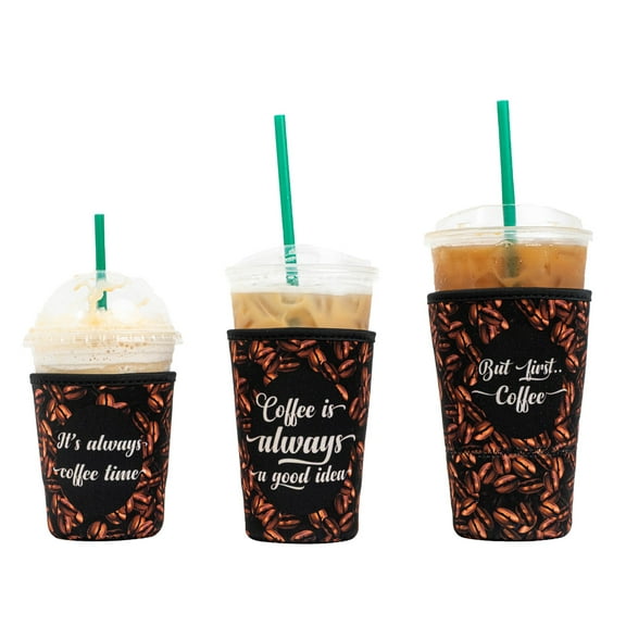3-Pack (16-32oz) Reusable Neoprene Insulator Sleeve for Iced Coffee or Cold Beverage Cups (Coffee Quote Mix)