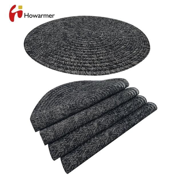 Howarmer Black Placemats, Washable Woven Vinyl Round Place Mats for