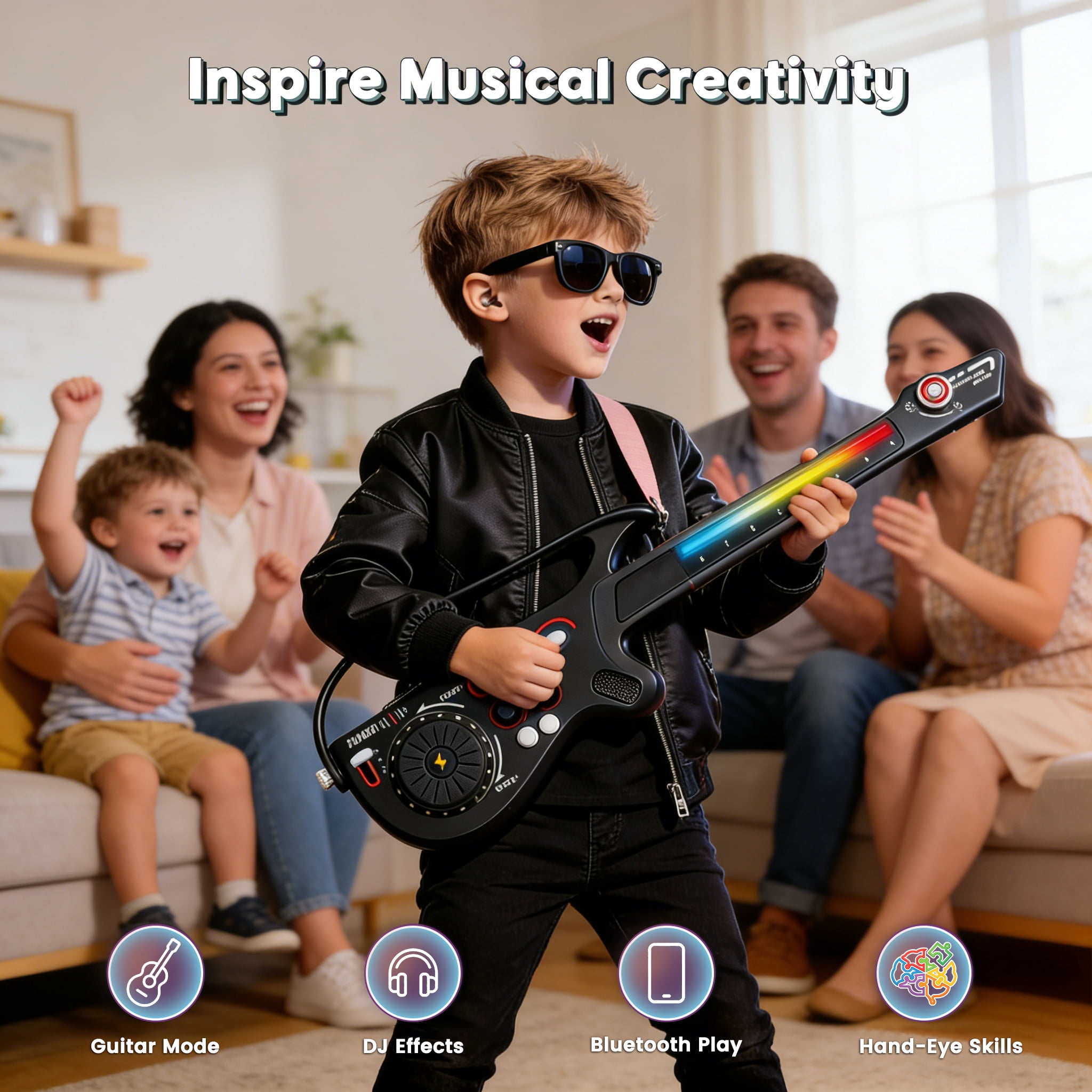 SaveJoy Kids Electric Guitar Toy with Lights & Sounds, 4-in-1 Musical Instrument with DJ Turntable & Bluetooth, Interactive Music Toy for Toddlers Ages 3-7, Gift for Boys & Girls