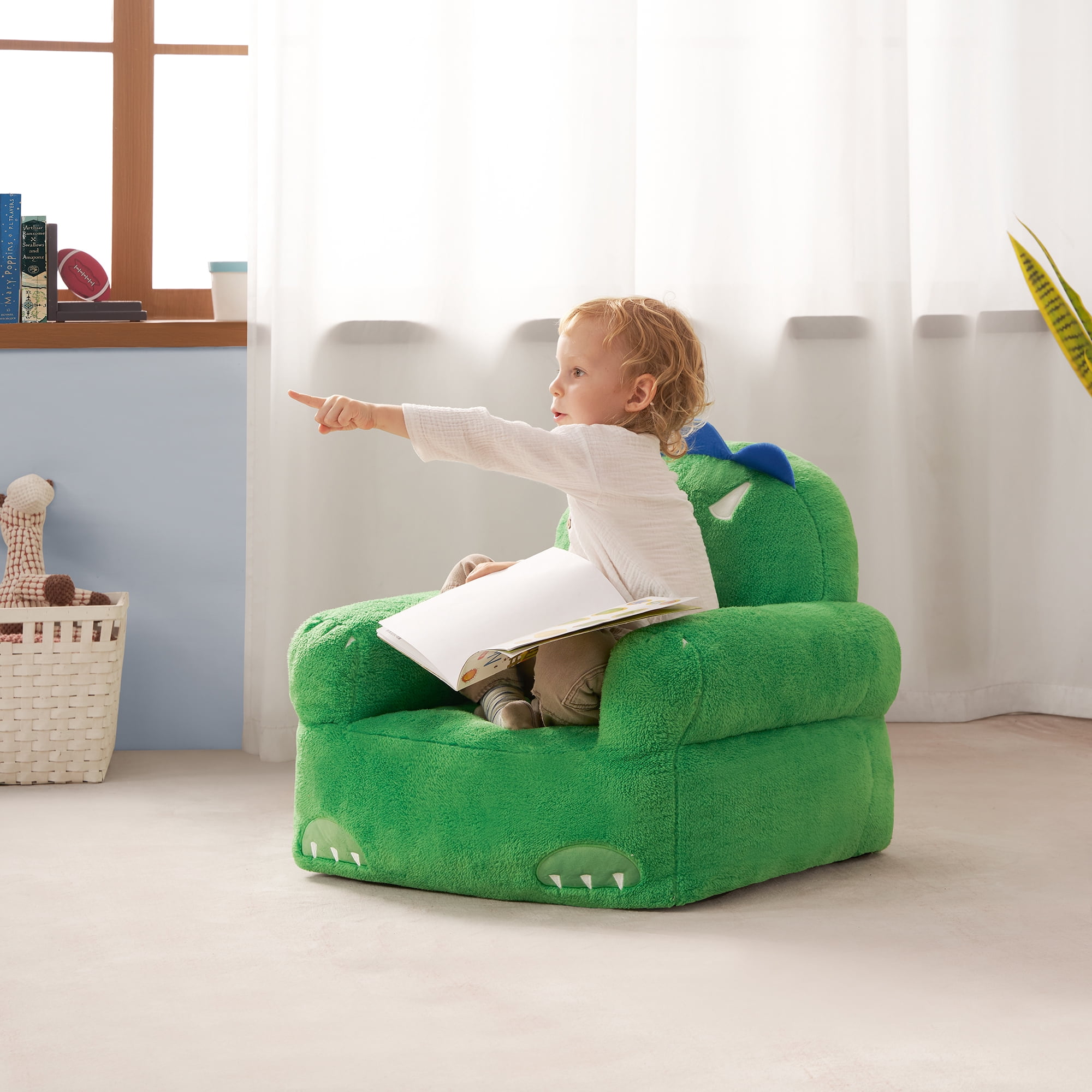 Lounge & Co Kids Dino Large Foam Filled Bean Bag Chair, Green Plush, 25" W x 20" D x 23" H