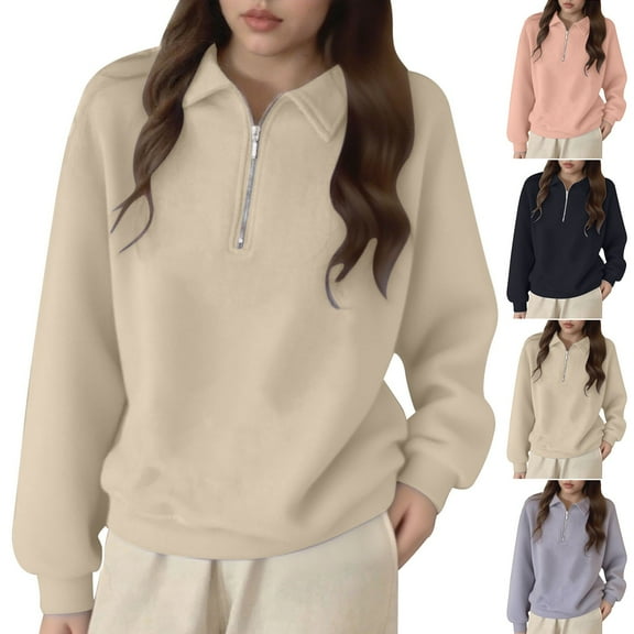 Antinious Womens Sweatshirts Half Zip Casual Solid Long Sleeve Collared Going Out Tops, Sweatshirt for Women,Tops for Women Trendy,Beige,L