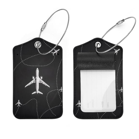 PhooArto 2 Pack Leather Luggage Tag with Stainless Steel Loop, Plane Dashed Path Lines Airplane Sky Baggage Handbag Travel Suitcase Tags with Name ID Card Perfect to Quickly Spot Luggage Suitcase