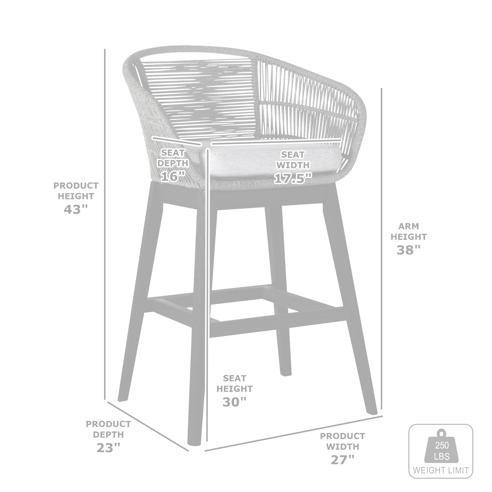 Tutti Frutti Indoor Outdoor Bar Height Bar Stool in Black Brushed Eucalyptus Wood with Gray Rope - Set of 2