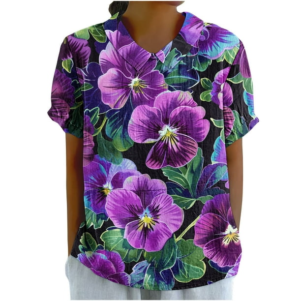 Blusas de Manga Corta para las Mujeres Cuello de Muñeca Lindo Lino Algodón, Impreso Suelto Camiseta para el Uso Casual, Diario Y de Verano