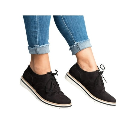 

Wazshop Women Casual Shoes Lace Up Brogues Comfort Flats Breathable Wingtip Leather Shoe Womens Non-Slip Vintage Black US 9