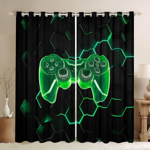 Castle Fairy Teens Adults Green Gamepads Blackout Curtains Set of 2 (52x84 Each),Video Game Window Curtains,Geometric Hexagon Curtains and Drapes,Ultra Soft Home Decor