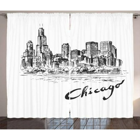 Chicago Skyline Curtains 2 Panels Set, Vintage Artwork of American City in Hand Drawn Style Sketchy Effects, Window Drapes for Living Room Bedroom, 108W X 84L Inches, Black and Cream, by