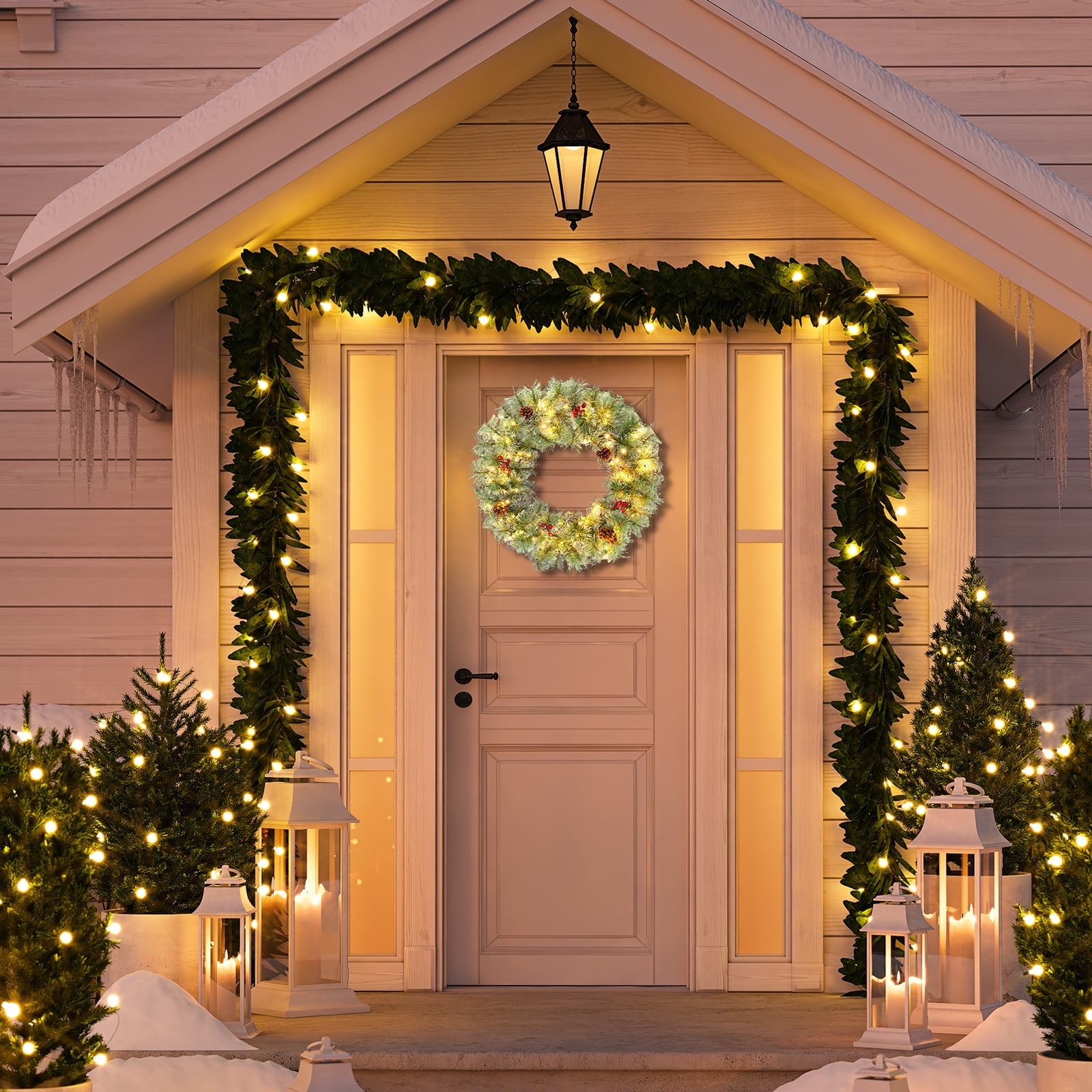 2 Pack 24in Pre-lit Christmas Wreath, Lighted Artificial Xmas Wreath with 100 Warm Lights and 150 Tips and Red Berries Pine Cones, for Front Door Gate Wall Xmas Party Decorations