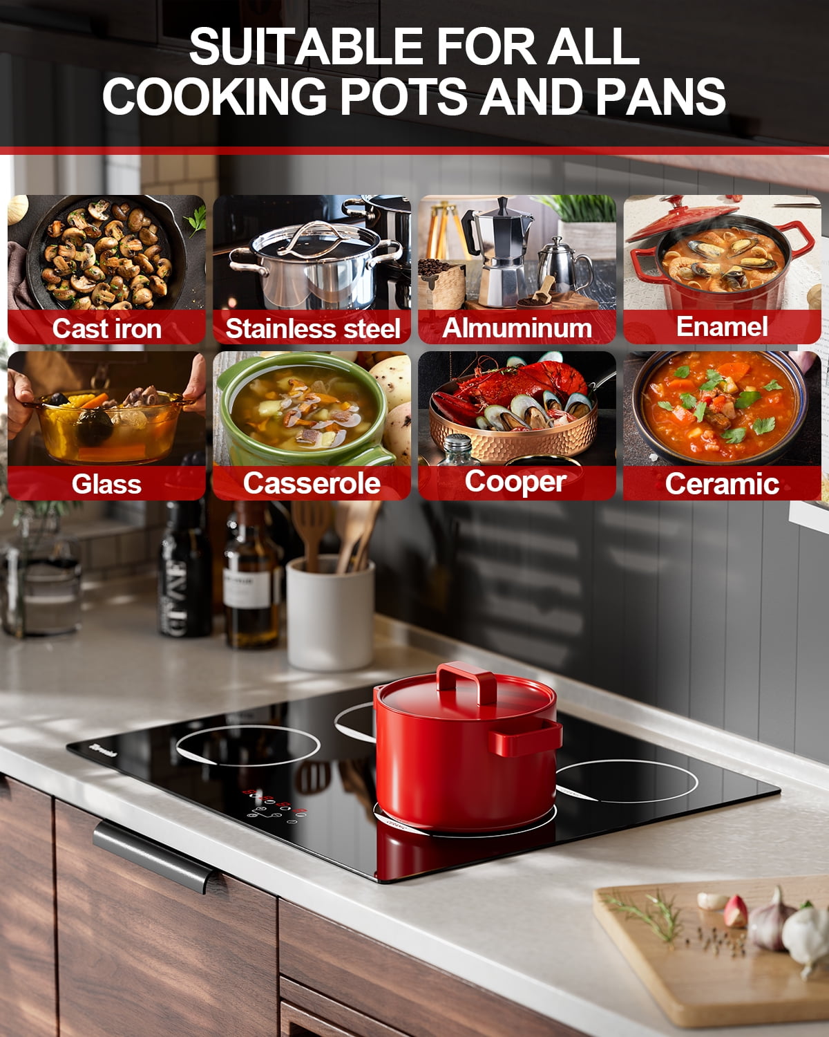 TOPWISH 24" 4-Burner Drop-In Electric Cooktop, 6000W Radiant Ceramic Stove Top, 220–240V Hard-Wired, 9 Heat Levels, Touch Control, Timer & Child Safety Lock