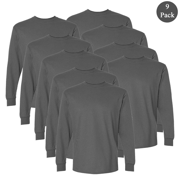 Gildan Men's Ultra Cotton Long Sleeve T-Shirt, Crew Neck Charcoal Color Durable Bulk Tee 9-Pack, S