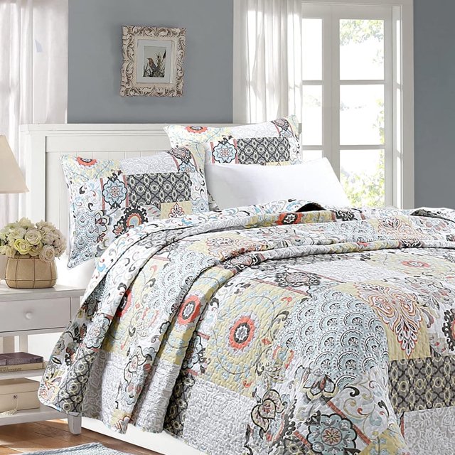 Juego de edredón reversible de microfibra con diseño de patchwork de coral amarillo y gris floral, colcha para dormitorio, hogar, apartamento, tamaño King, 3 piezas