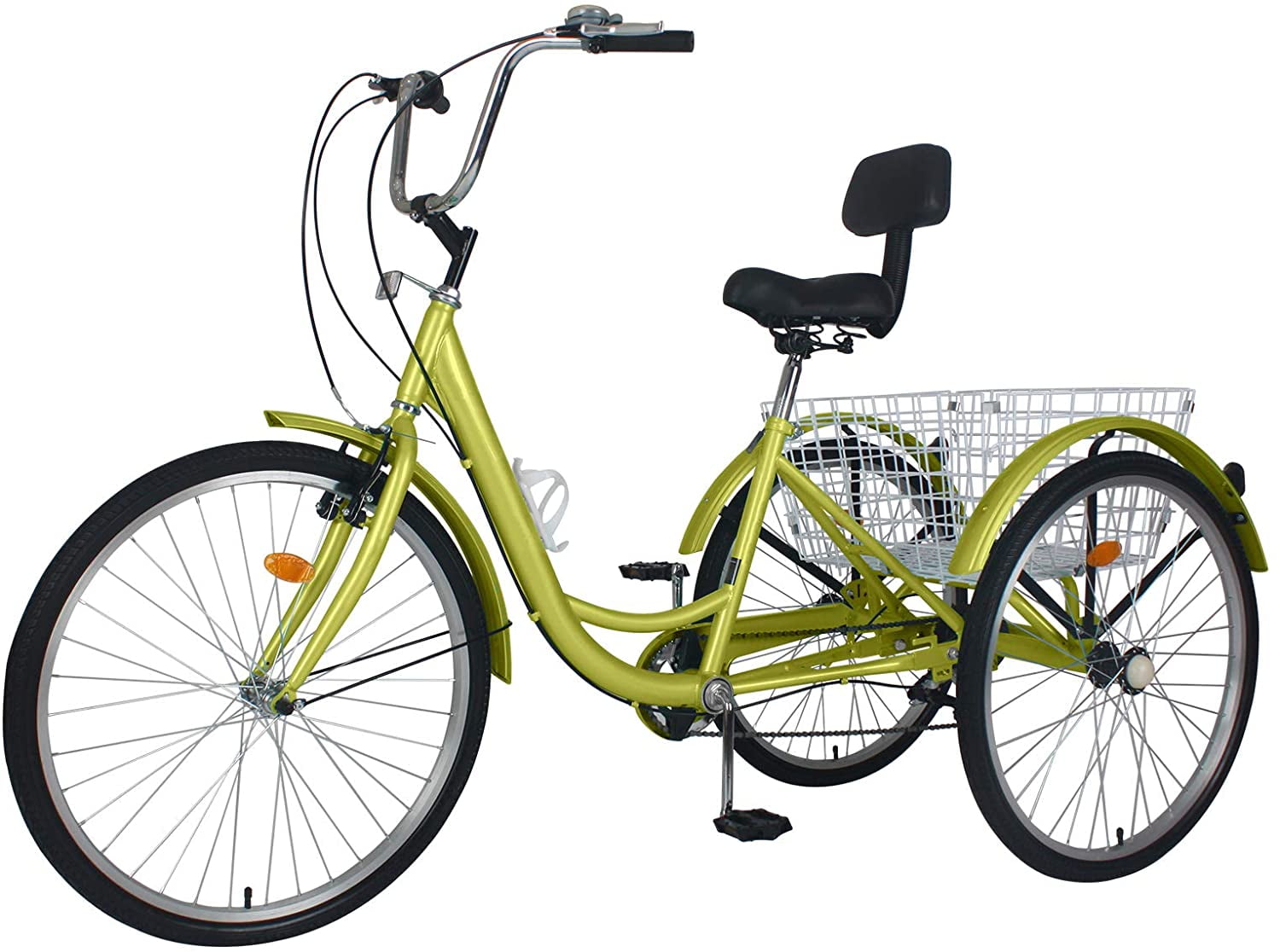 7-Speed 3 Wheel Adult Tricycle 24'' Yellow Trike Bicycle Bike with Large Basket 