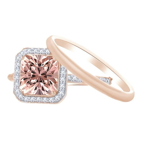 1.5 Ct Princess Cut (1.5 Ct Princess Cut Simulated Morganite & White Natural Diamond Halo Bridal Set with and Diamond on 10k Rose Gold Ring Size -)
