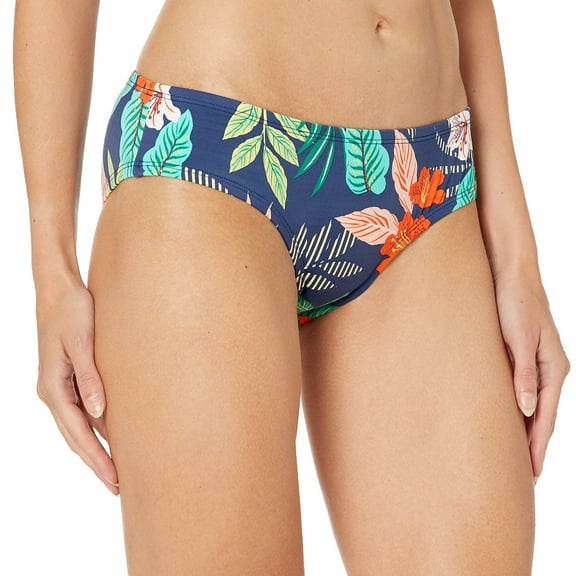 Hobie Women's Standard Ruffled Solid Hipster Bikini Bottom Swimsuit, Navy//Hibiscus Jungle, X-Large