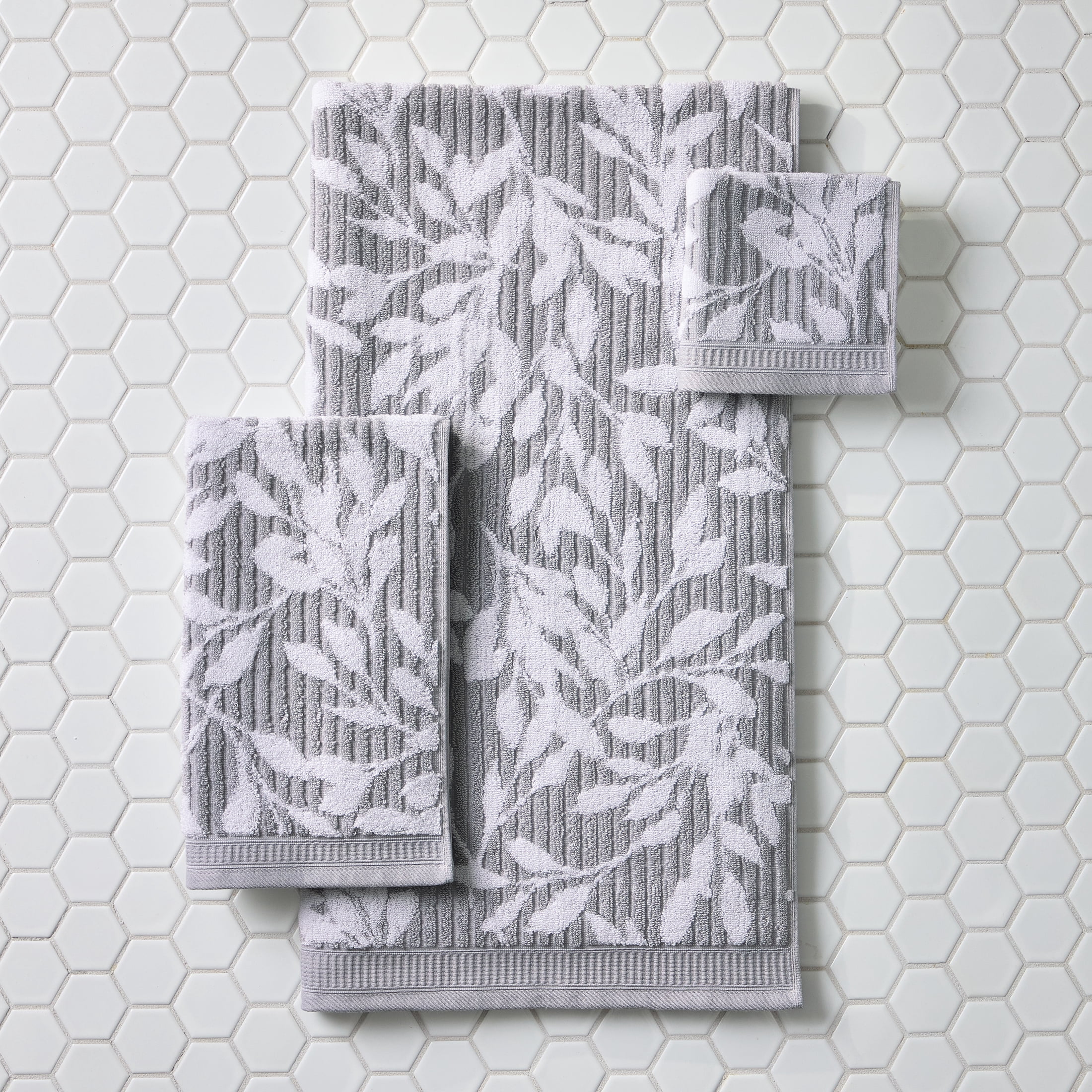 Better Homes & Gardens Signature Soft Floral 6 Piece Towel Set,Soft Silver/Arctic White