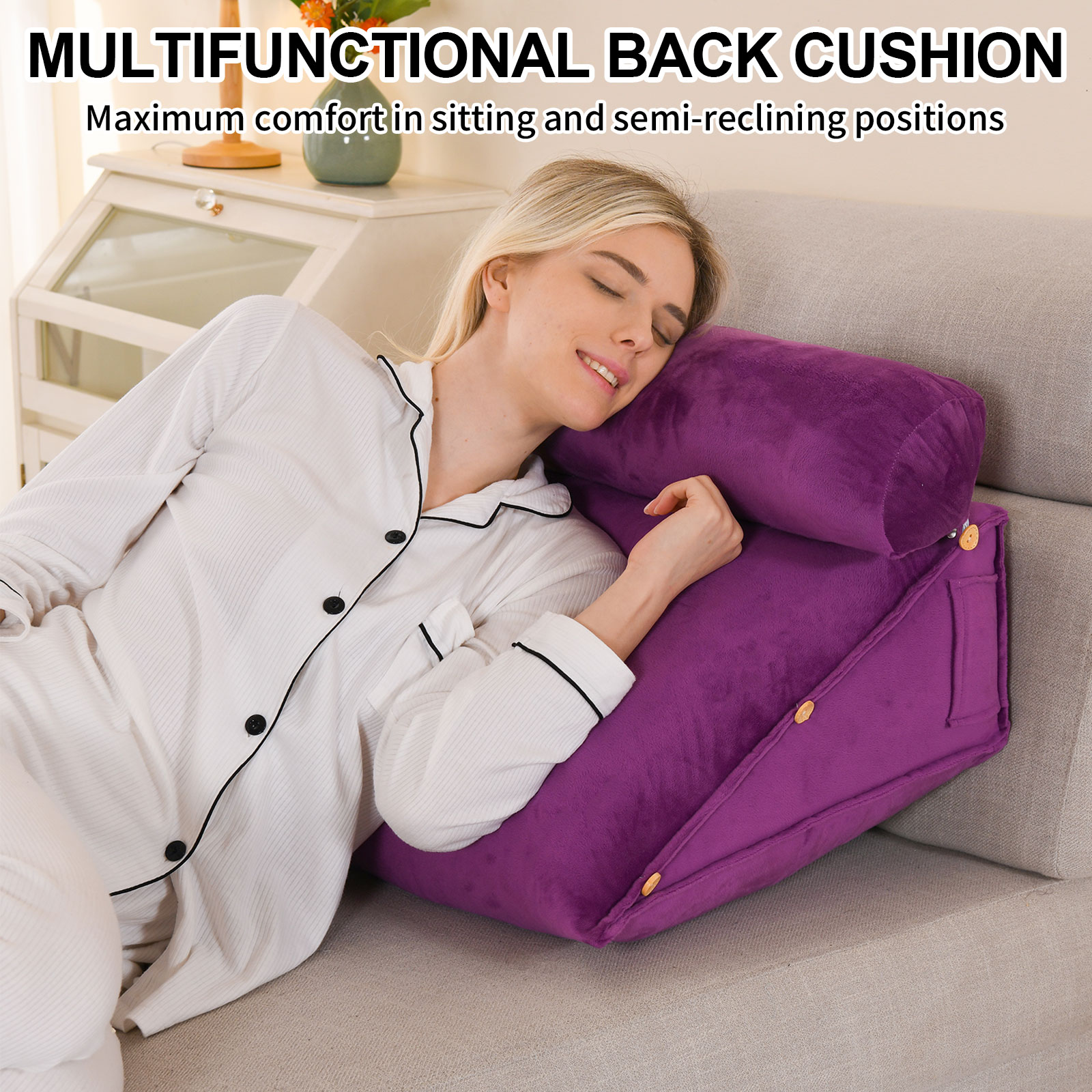 Eurhowing Adjustable Bed Wedge Pillow, Memory Foam Triangular Headboard Pillow with Neck Roll Pillow, Back Support Rest Pillow for Reading & Sleeping, Purple