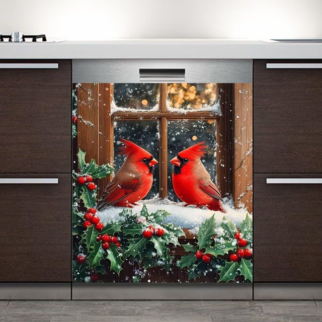 Window Snow Red Bird Wallpaper Dishwasher Magent Cover Sticker Magnetic Refrigerator Cover Panel for Front Door Kitchen Appliances Fridge Decor 23x17inch