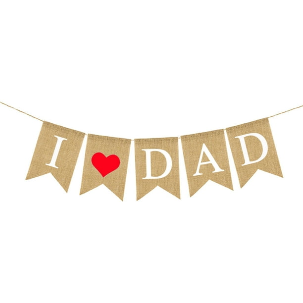 KAKOWELY Banderines con letras "I DAD", banderines de arpillera con forma de corazón rojo, banderines decorativos de lino con cola de golondrina, suministros para fiestas