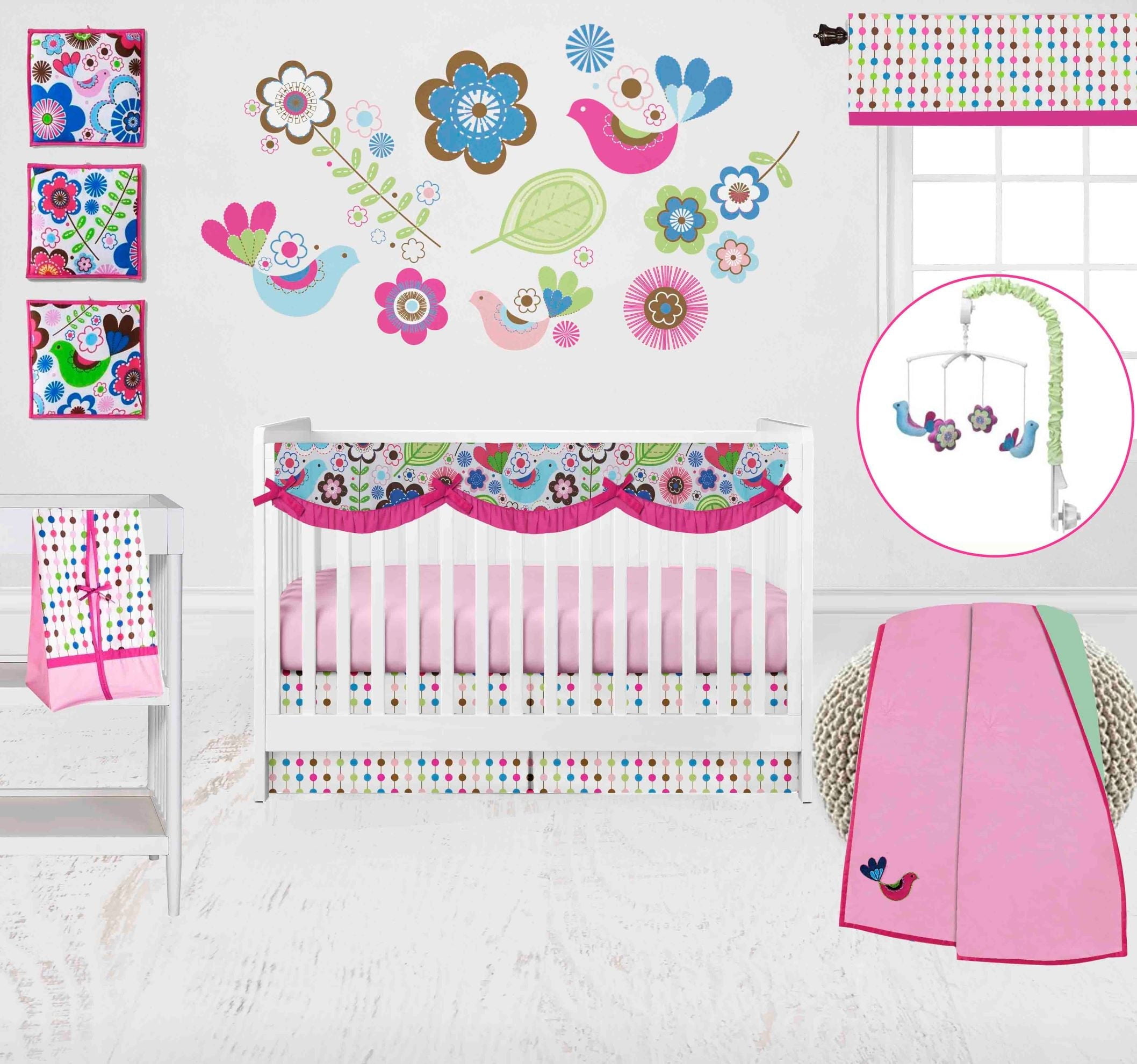 Botanical Floral Birds Pink/Multi Girls Crib Bedding Set