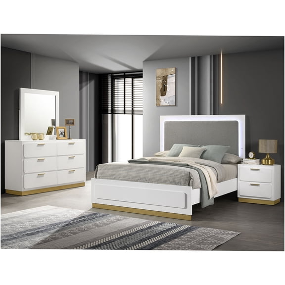 JERFIT 4-Piece Queen Bedroom Set with LED Headboard, White & Gold Modern Bed, Dresser, Mirror & Nightstand for Contemporary Style